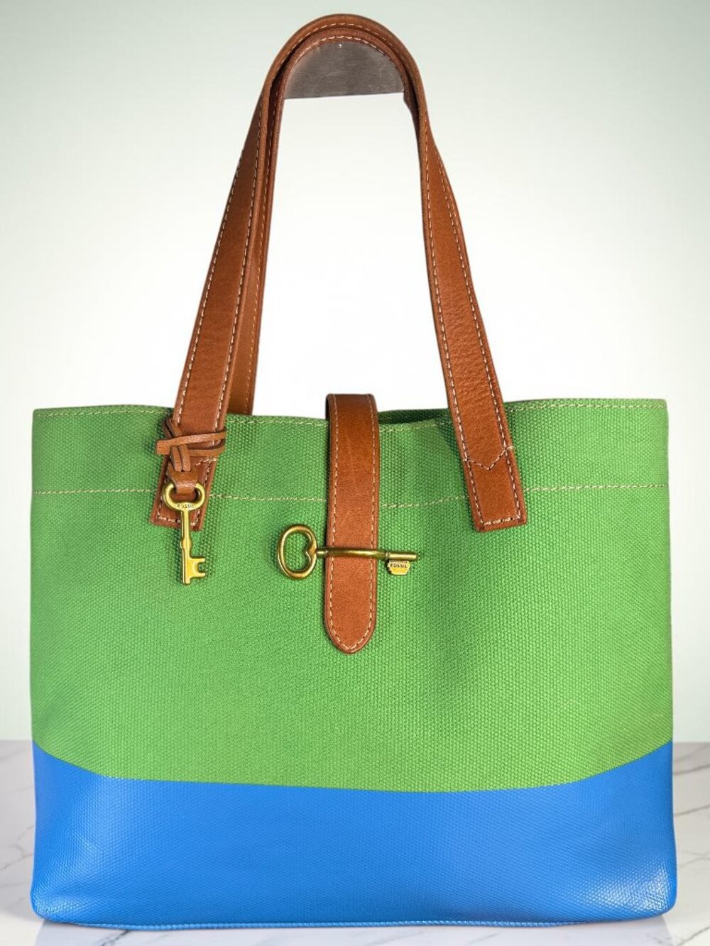 Fossil Austin Green Blue Colorblock Canvas Shopper Shoulder Tote Bag
